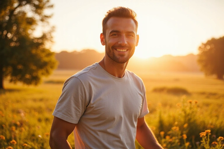 Man with revitalized energy and natural background