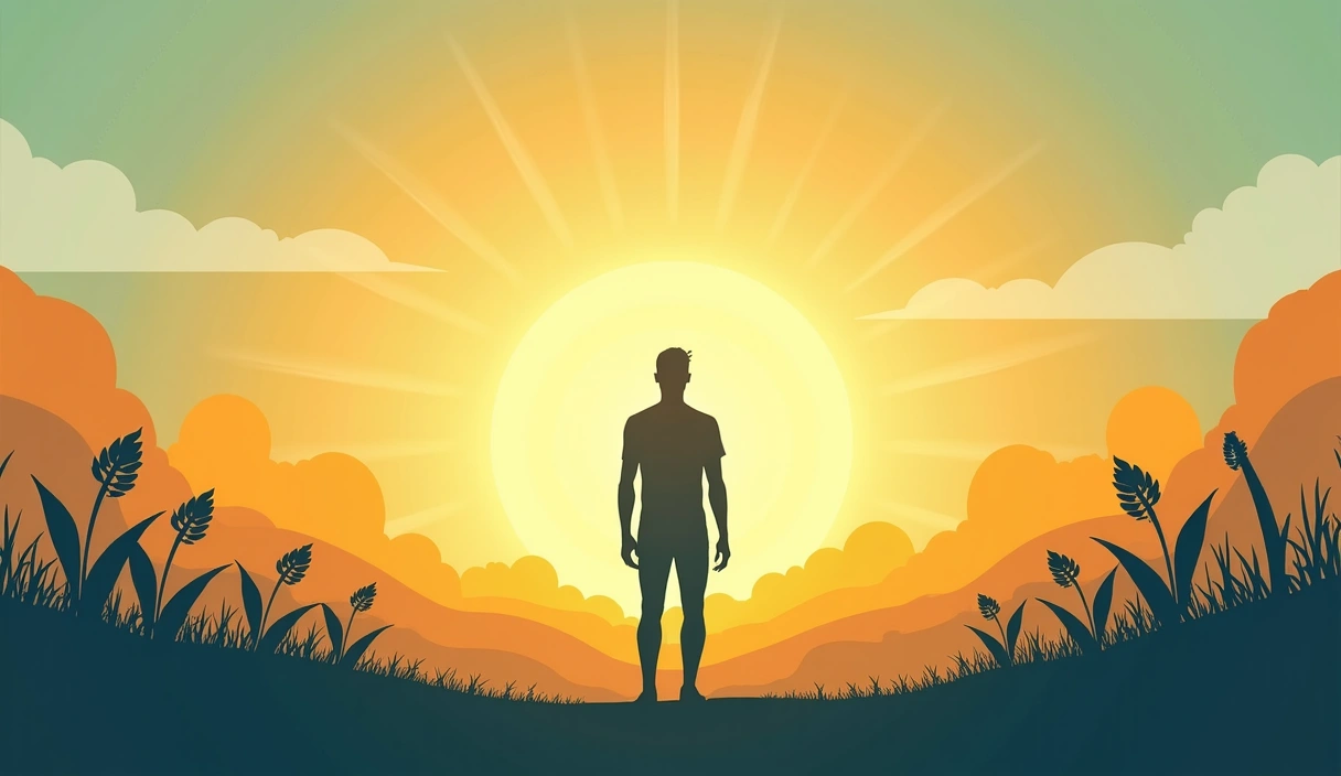 Imagine simbolică a unui viitor luminos și sănătos, cu o siluetă masculină stilizată, plină de energie, în fața unui orizont senin, cu raze de lumină și contururi de plante stilizate, fără text.