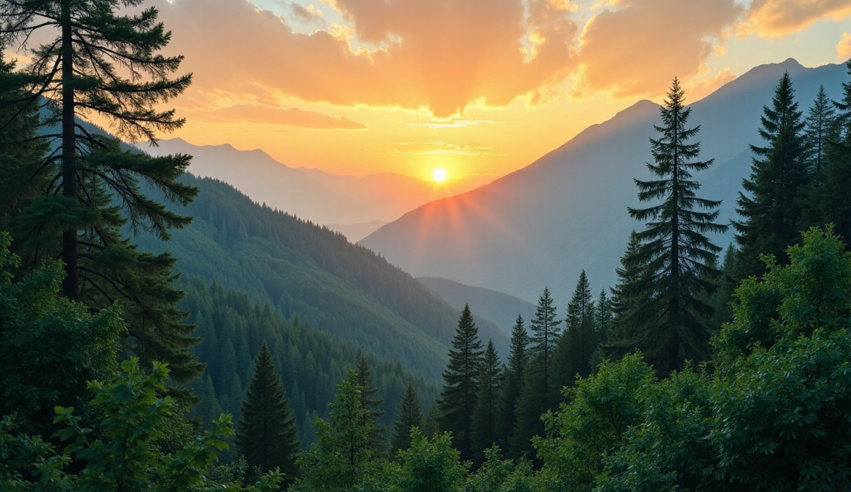 Imagine simbolică a naturii luxuriante, cu o pădure densă și munți înalți la răsărit, fără text sau oameni.